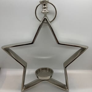 Silver metal star shaped hanging candle holder