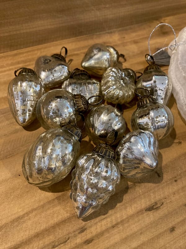 Small silver coloured glass antique baubles