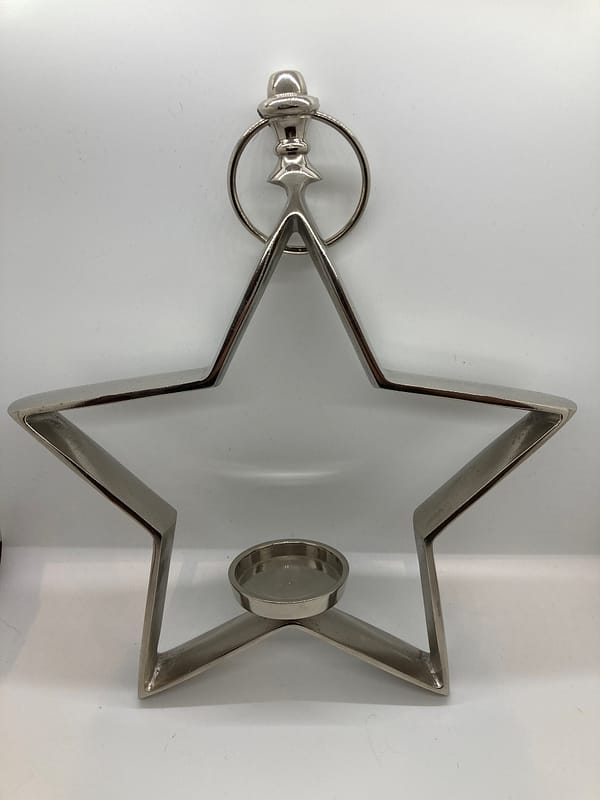 Silver metal star shaped hanging candle holder